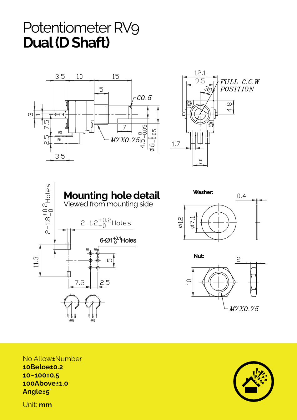 A100k Potentiometer RV9 Dual (D Shaft)